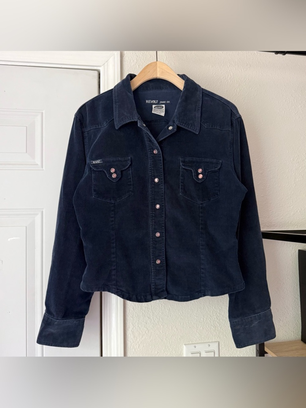 REVOLT navy blue vintage‎ cotton corduroy pearl snap button up shirt jacket top